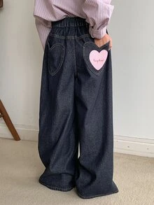 Dazy Kids Tween Girl) Casual Heart Butt Decoration Straight Leg Autumn/Winter Dark Blue Deep Wash Denim Jeans - Navy Blue - View 4
