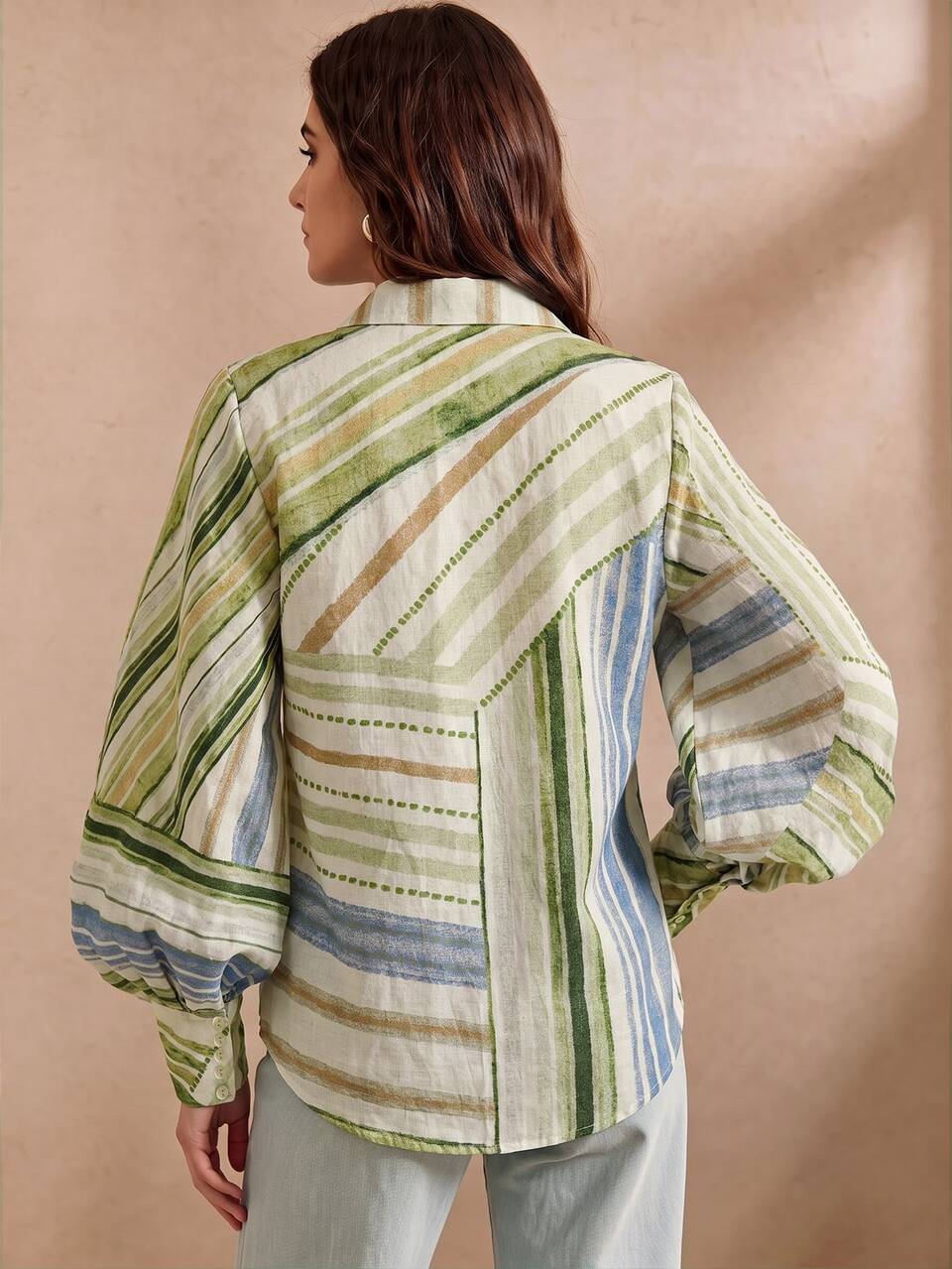 Autumn Outfits Light Luxury Vintage Vacation Style Colorblock Striped Tie Cinched Waist Cinched Lantern Sleeve Green Blouse For Women, Suitable For Vacation, Daily, Commute
