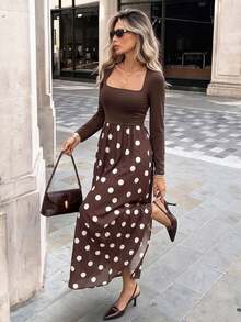 Serisse Women's Patchwork Polka Dot Print Long Sleeve Elegant Dress - Brown - View 3