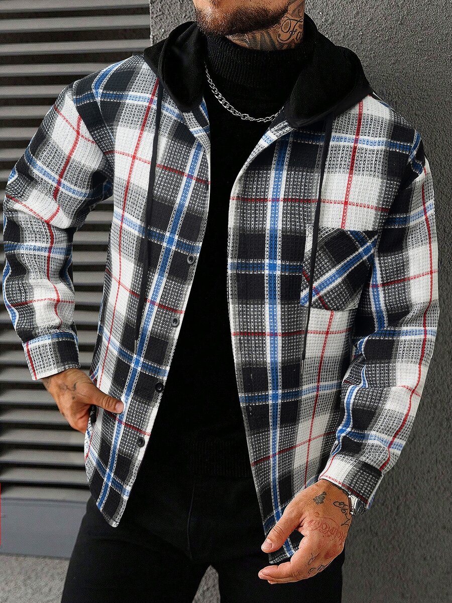 Manfinity CasualCool 男士格紋長袖前開鈕扣連帽襯衫外套 - 彩色 - 查看 1