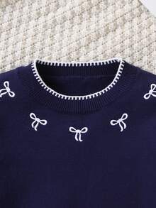 少女可愛百搭刺繡蝴蝶結圓領長袖針織毛衣 - 寶藍色 - 查看 6