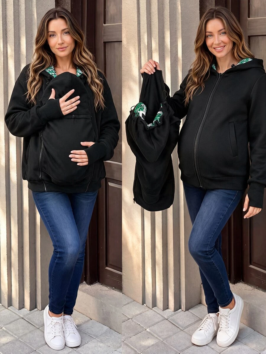 SHEIN جاكيت حمل 3 في 1 أنيق كلاسيكي فضفاض بلون موحد وطبعة للخروج في الخريف، أسود - الأسود - مشاهدة 1