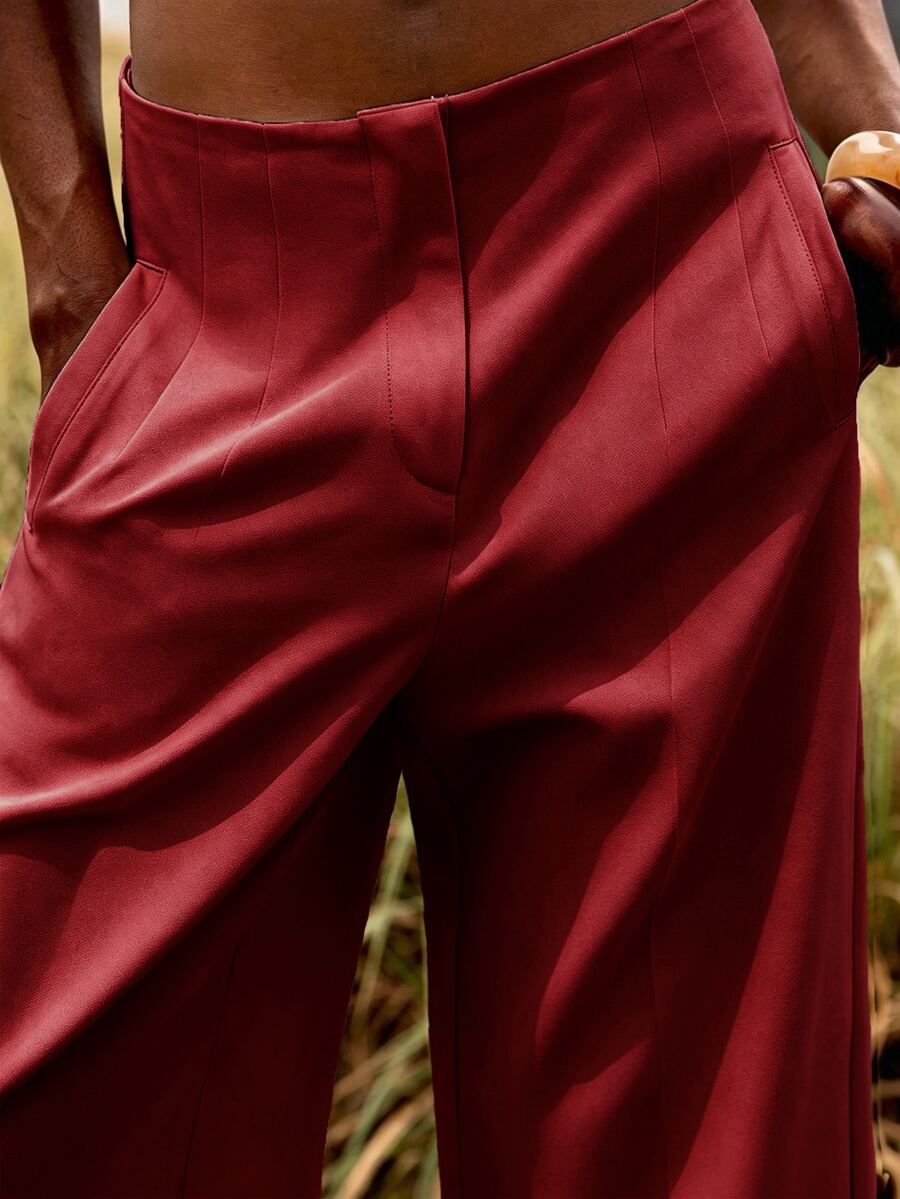 Lumivelle Women's Solid Fashionable Work Wide Leg Suit Pants - Burgundy - View 1