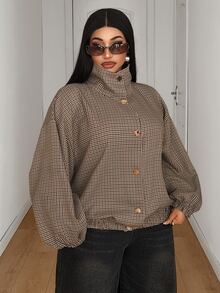 Maweii Plus Size Women's Long Sleeve Stand Collar Plaid Pattern Commuter Casual Jacket - Multicolor - View 1