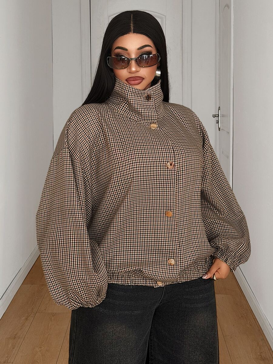 Maweii Plus Size Women's Long Sleeve Stand Collar Plaid Pattern Commuter Casual Jacket - Multicolor - View 1