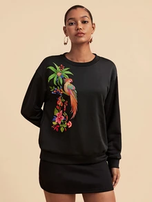 Travachic Sweatshirt Kasual Lengan Panjang Leher Bulat Motif Pohon Palem Wanita, Model Baru Musim Gugur/Dingin, Cocok untuk Sehari-hari - Hitam - View 4