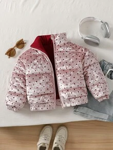 SHEIN جاكيت شتوي كاجوال بنمط نقاط بولكا وسحاب أمامي للفتيات الصغيرات - وردي - مشاهدة 3