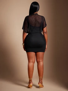 SHEIN SXY Black Mesh Patchwork Mini Dress - Black - View 2