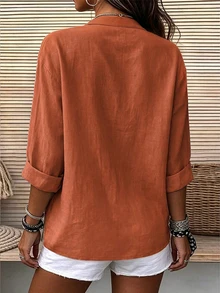 EMERY ROSE Women's Woven Casual Long-Sleeved Fall Blouse - Orange - View 2