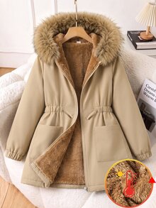 SHEIN Elladie kids 女童甜酷風秋冬加厚保暖內裡 3D 時尚優雅精緻極簡風毛領絨毛長版大衣 卡其色戶外穿搭 - 卡其色 - 查看 4