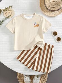 Baby Boy Casual Simple T-Shirt Set Suitable For Summer Cartoon Pattern - Multicolor - View 2
