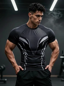 GymBeat Men's Tech Print Slim Fit Sports T-Shirt, Outdoor Gym Running Training Short Sleeve Tee - Black - View 4