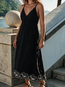 CAJUNI Chic Vacation Chic Elegant Flower Embellishment Camisole Long Dress - Black - View 5