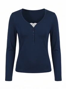 Teen Girl Casual Slim Fit Long Sleeve T-Shirt Base Layer, Printed Accents, Versatile Comfortable Elegant Style, Suitable For Outings, School, Layering - Blue - View 6