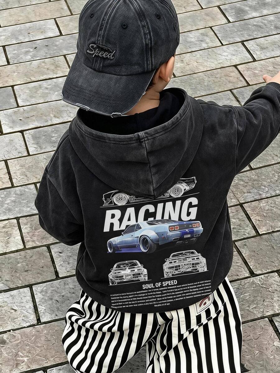 THE HAPPY LOOK Young Boy Letter Pattern Knitted Soft Hooded Long Sleeve Drop Shoulder Pullover Sweatshirt - Black - View 1