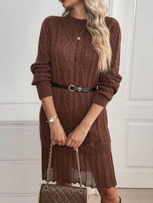 Sprig & Strand Women's Autumn New Arrival Single Piece Round Neck Hem Splice Design Fashion Elegant Personalized Versatile Daily Date Commute Short Fitted Knit Long Sleeve Woolen Dress - Coffee Brown - View 3