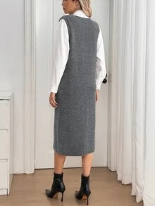 Sprig & Strand Autumn/Winter Slouchy Deep V Neck Straight Pocket Tank Dress Commuter Youthful Design Women's Sweater Dress - Grey - View 2