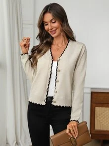 EMERY ROSE Cardigan Rajut Wanita Leher V Kancing Depan dengan Trim Tepi Bergelombang Kontras Lengan Panjang Model Pendek Sweater Wanita Musim Gugur Musim Dingin - Aprikot - View 3