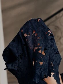 Anewsta Spring Summer French Gentle Style Beige Hollow Lace Bowknot Versatile Women's Blouse - Navy Blue - View 8