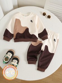 SHEIN 2件組嬰兒男童/女童秋冬針織軟綿拼接色圓領長袖套頭衛衣＋鬆緊腰長褲套裝，街頭風戶外休閒穿搭 - 彩色 - 查看 1