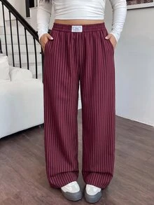 SHEIN EZwear 酒紅色女款寬腿長褲 梭織 秋冬款 - 酒紅色 - 查看 3