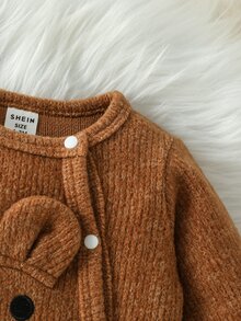 SHEIN 0-12M Unisex Baby Footed Jumpsuit, Bear Applique Patch Ribbed Knit Side Snap Long Sleeve , Spring Autumn Newborn Jumpsuit - Chocolate Brown - View 4