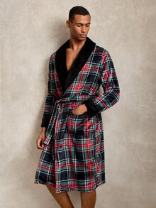 EverLounge Jubah Pria Gaya Inggris Motif Kotak-kotak Bahan Plush - MultiWarna - View 7