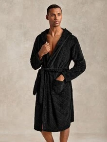 EverLounge Autumn/Winter Men's Minimalist Basic British Style Black Double-Sided Fleece Embossed Fabric Hooded Loungewear Robe - Black - View 1