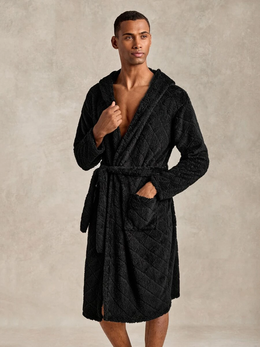 EverLounge Autumn/Winter Men's Minimalist Basic British Style Black Double-Sided Fleece Embossed Fabric Hooded Loungewear Robe - Black - View 1
