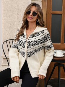 EMERY ROSE Women's Long Sleeve Zipper Geometric Pattern Casual Elegant Knit Cardigan Fall Clothes For Women Winter Outfit For Women Women Fall Winter Sweater - Khaki - View 1