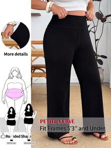 SHEIN PETITE CURVE 大尺碼女款純色高腰寬腿寬鬆長褲 - 黑色 - 查看 9