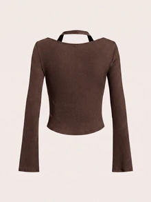 SHEIN EZwear 女款秋冬 Y2K 羅紋針織二合一連身衣喇叭袖長袖上衣 - 棕色 - 查看 2