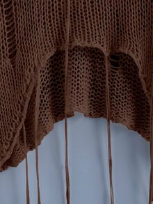 Sunspun Plus Size Women Solid Color Pure Desire Style Distressed Y2K Cropped Tassel Chunky Crochet Pattern Knit Sweater Pullover, Suitable For Spring Summer Autumn Outfits, Matching, Distressed Sweater - Coffee Brown - View 3