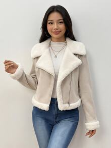 SHEIN 青少年女孩秋冬休閒街頭時尚機車風麂皮抓絨複合加厚翻領拉鍊不對稱口袋夾克外套，適合返校與日常穿著 - 卡其色 - 查看 4