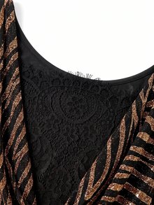 SHEIN Clasi Women's Zebra Print Mesh & Lace Patchwork Backless Cowl Neck Short Sleeve Fitted Bodycon Mini Dress - Black and Gold - View 10