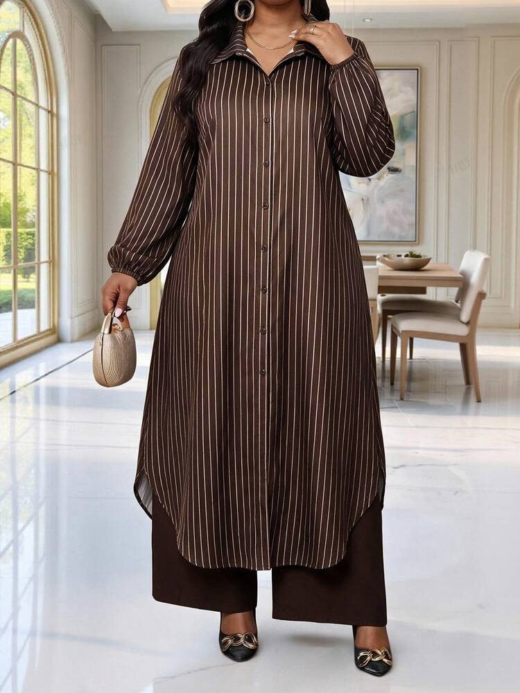 SHEIN Lady Plus Size Collared Striped Long Sleeve Dress & Solid Color Pants 2 Pieces Set - Multicolor - View 5