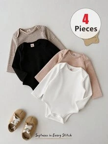 Cozy Pixies مجموعة ملابس أطفال حديثي الولادة للبنات والأولاد للخريف والشتاء، رومبير بأكمام طويلة بلون سادة لطيف، طقم من 4 قطع، محبوك ناعم برقبة دائرية مخطط وملون متعدد القطع - متعدد الألوان - مشاهدة 4