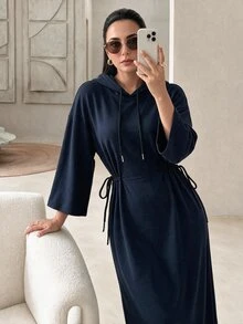 Rue Lumi Women's Solid Color Drop Shoulder Long Sleeve Casual Drawstring Hooded Sweatshirt Midi Dress - Blue - View 4