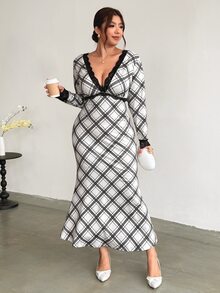 Firerie Plus Size Women's Contrast Lace Deep V-Neck Long Sleeve Plaid Fish Tail Hem Elegant Dress Fall - Multicolor - View 4