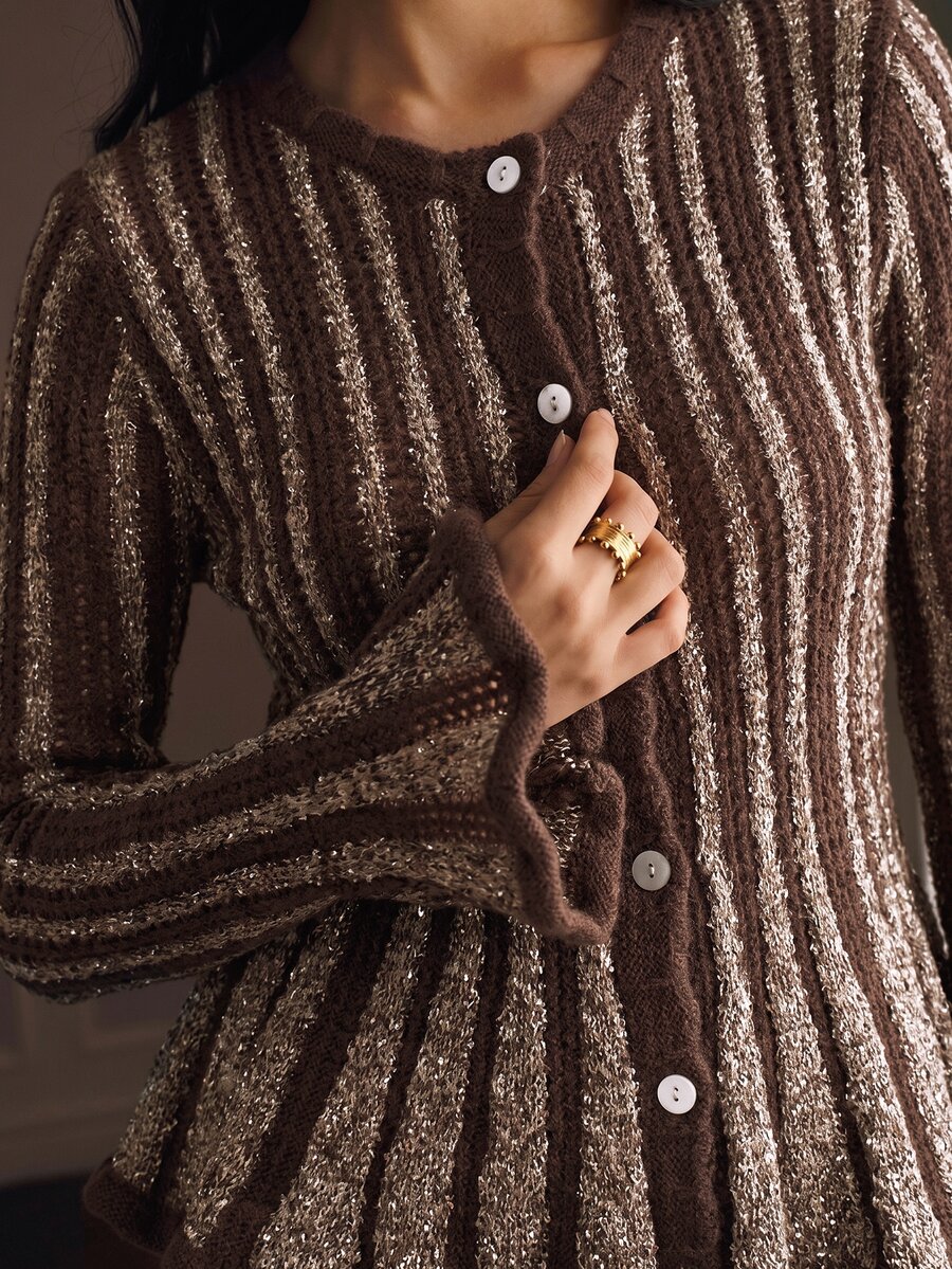 Anewsta Women's Blue Loose Comfortable Knit Cardigan For Vacation And Outings - Coffee Brown - View 1