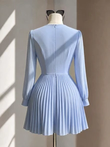 SHEIN Tall High Waist Women Elegant Romantic Pleated Chiffon Flowy Dress - Dusty Blue - View 2