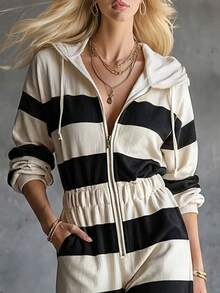 SHEIN Women Fall Winter Striped Hooded Jumpsuit Long Sleeve Zip Up Drawstring Waist Wide Leg Ribbed Lounge Casual Travel Sweat Jumpsuit With Pockets - Black and White - View 3