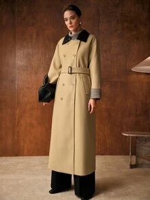 MOTF PREMIUM WOMEN'S COLORBLOCK SHIRT COLLAR PLAID PATCHWORK CUFF BUTTON DECOR DOUBLE POCKET CINCHED CINCHED WAIST OVERCOAT - Camel - View 6