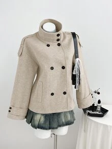 Elamini Elegant Stand Collar Double-Breasted Design Classic Grey French Minimalist Versatile Autumn/Winter New High-End Lazy Style Women's Wool Coat - Multicolor - View 5
