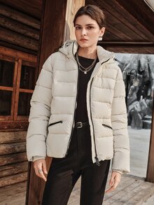 Anewsta Winter Solid Color Detachable Hood Contrast Zipper Padded Coat - Apricot - View 6