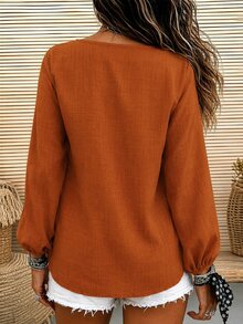 Holdful Holdful Orange V-Neck Long Sleeve Ruffle Hem Casual Blouse For Women - Redwood - View 2