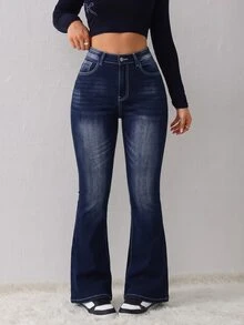 SHEIN Tall Women's Fashion Street Button Pocket Flared Jeans - Dark Wash - View 6
