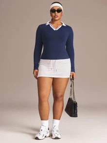 Rhythm Era Women's Plus Size Minimalist Colorblock Collar Long Sleeve T-Shirt - Navy Blue - View 7
