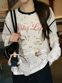 Dazy Kids Teen Girls Letter Print Polka Dot Long Sleeve T-Shirt - Beige - View 5