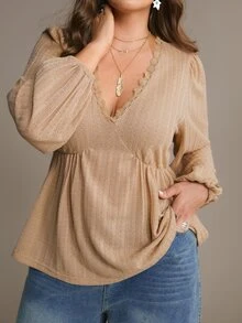 Freevana Plus Size Women's Bohemian Romantic Long Sleeve T-Shirt - Apricot - View 6